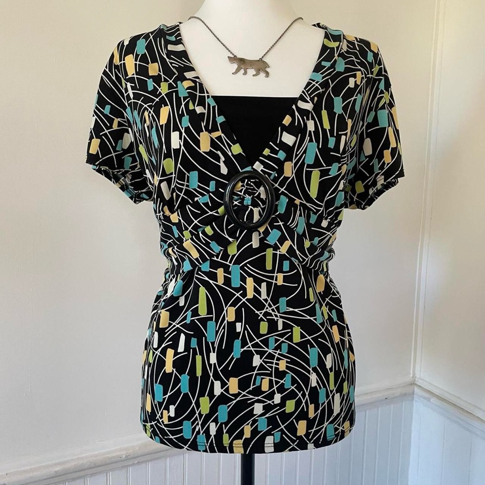Briggs New York - Black Blue Short Sleeve V Neck Blouse